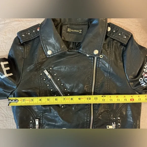 Boutique Black Vegan Leather Moto Jacket with Studded & Zipper Details Small - Picture 7 of 12
